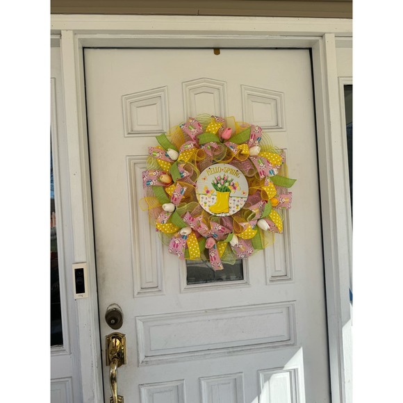 Hello Spring Flowers Butterfly Ribbon Deco Mesh Spring Summer Wreath - Picture 8 of 8